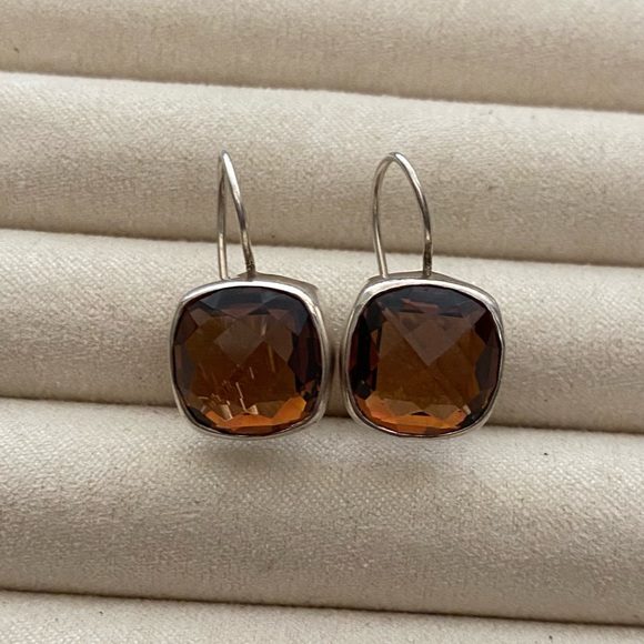 Vintage 925 Sterling Silver Amber Cushion Drop Wire Hook Earrings - Picture 5 of 12